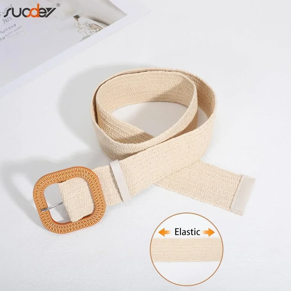 2 Pack Straw Woven Elastic Belt Braided Stretch Wide Boho Rattan Waist Belt for - Picture 4 of 8
